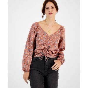 Hippie Rose Juniors' Ruched-Front Satin Top - Mocha Rose Foral‎ Size XS